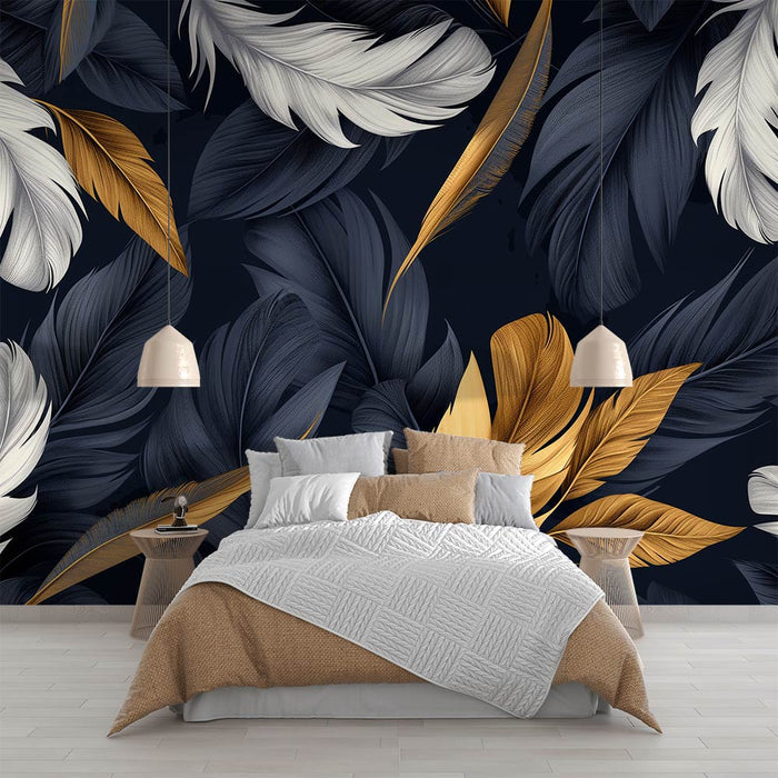 Luxe Feather Wallpaper Mural | Deep Blue & Gold Art for Elegant Interiors