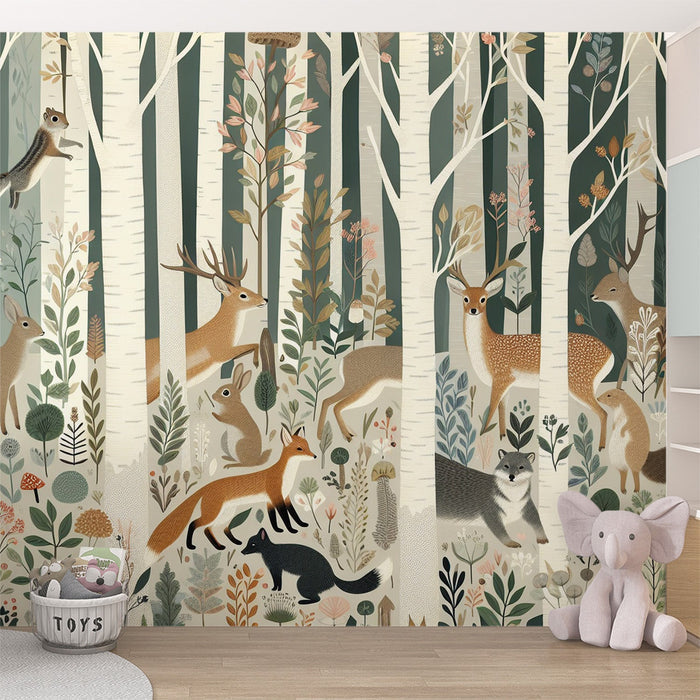 Fox mural wallpaper | Forest animals in the magical forest