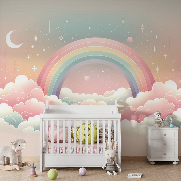 Dreamy Rainbow Mural Wallpaper – Pink Clouds, Stars & Crescent Moon | Magical Kids Room Decor