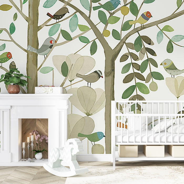 Forest style flower and bird wallpaper | Children's room fresh decorative wall