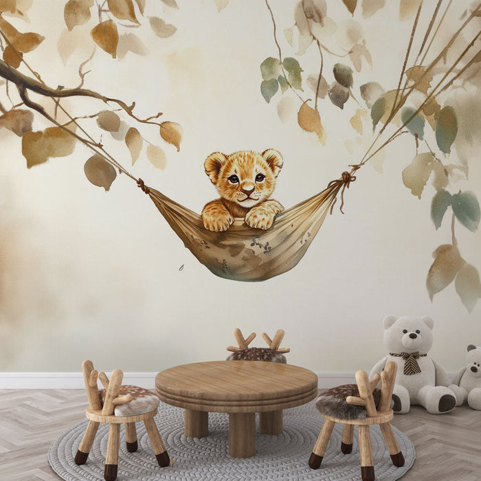 Watercolor Lion Cub Wallpaper - Serene Jungle Nursery Decor | High-Definition Artistic Print
