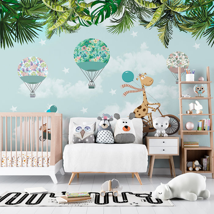 Jungle Animal Hot Air Balloon Children's Fun Wallpaper | Children's Room Bedroom Decoration Painting