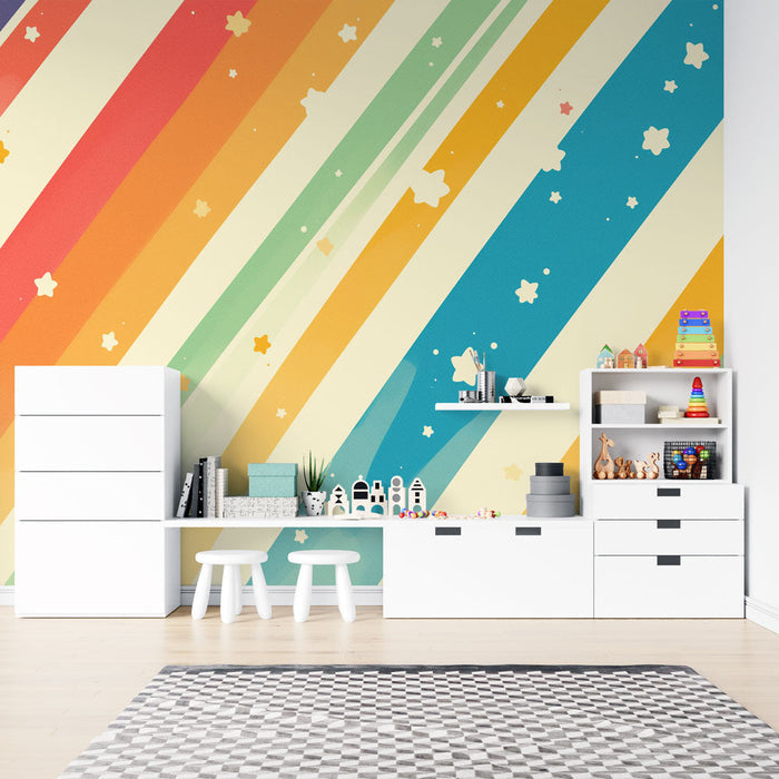 Rainbow star striped wallpaper mural | Children's room bedroom playful decorative wall