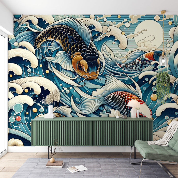 Japanese ukiyo-e koi wallpaper mural | Living room and study auspicious decoration wall