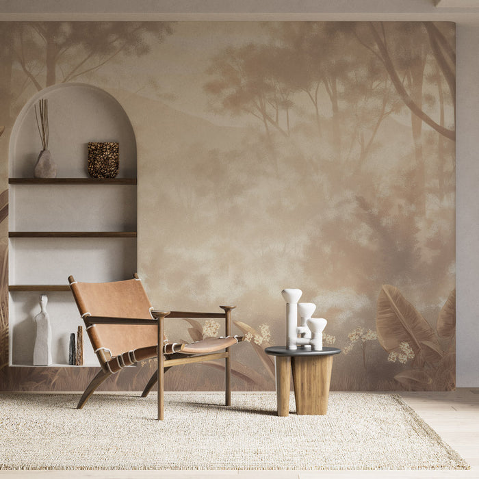 Beige Tropical Forest Wallpaper Mural | Misty Jungle Design | Wabi-Sabi & Nature-Inspired Living Room Decor