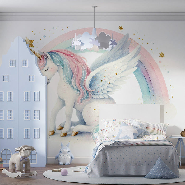 Watercolor Unicorn & Rainbow Mural Wallpaper | Dreamy Kids Room