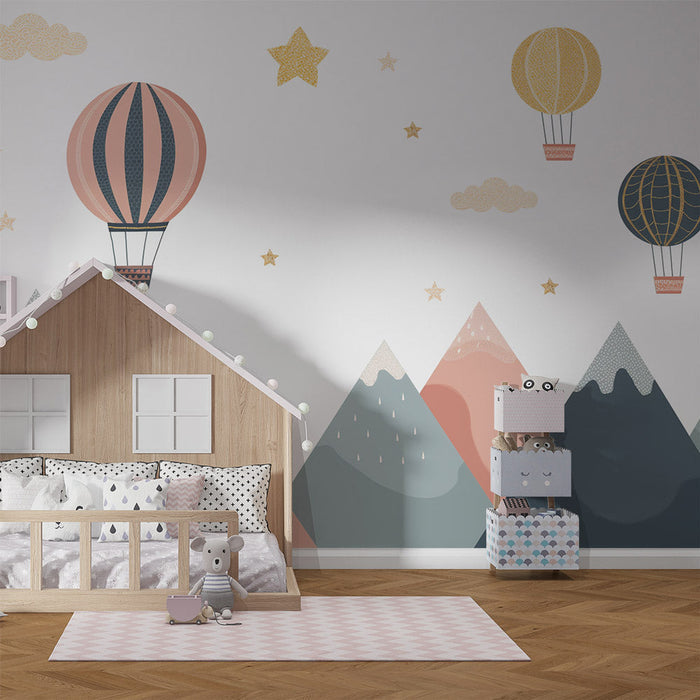 Hot air balloon mountain view wallpaper mural | Children's room