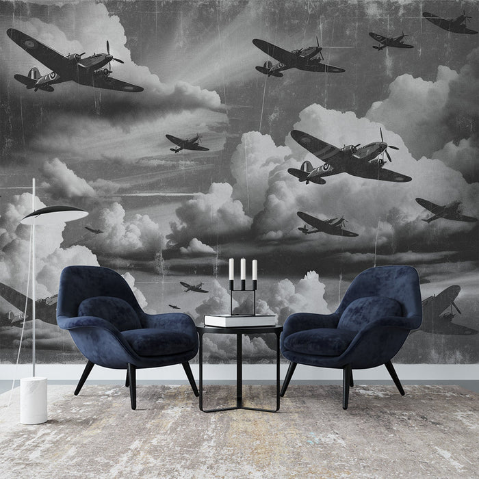 Retro Aircraft Mural Wallpaper | Vintage Fighter Jet Design | Industrial Game Room & Study Decor