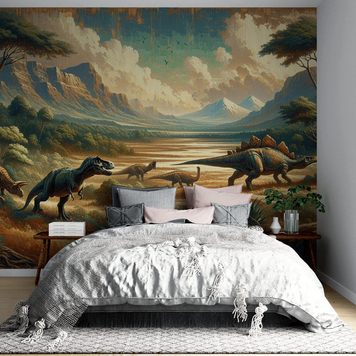 Dinosaur mural wallpaper | Dinosaur retro style in the mountains