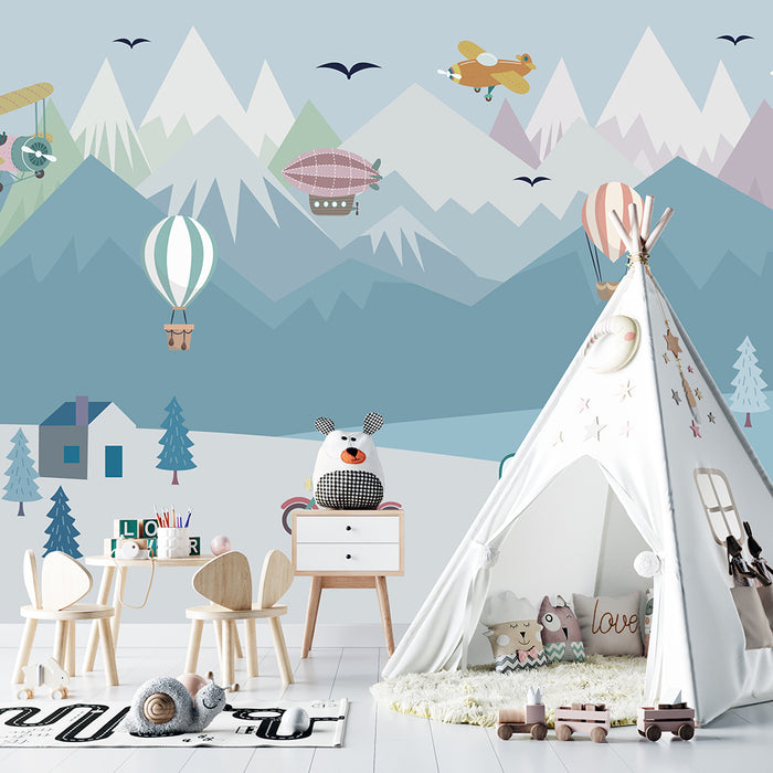 Mountain Adventure Kids Wallpaper Mural | Airplane & Hot Air Balloon Nursery Decor | Exploratory Children's Room Design