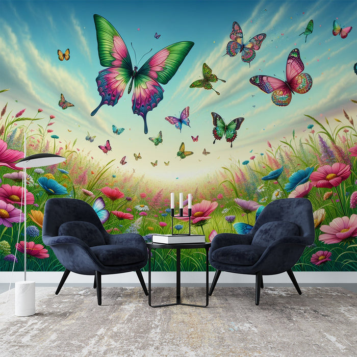 Dreamy Butterfly Flower Sea Wallpaper Mural | Bedroom Living Room Healing Decorative Wall