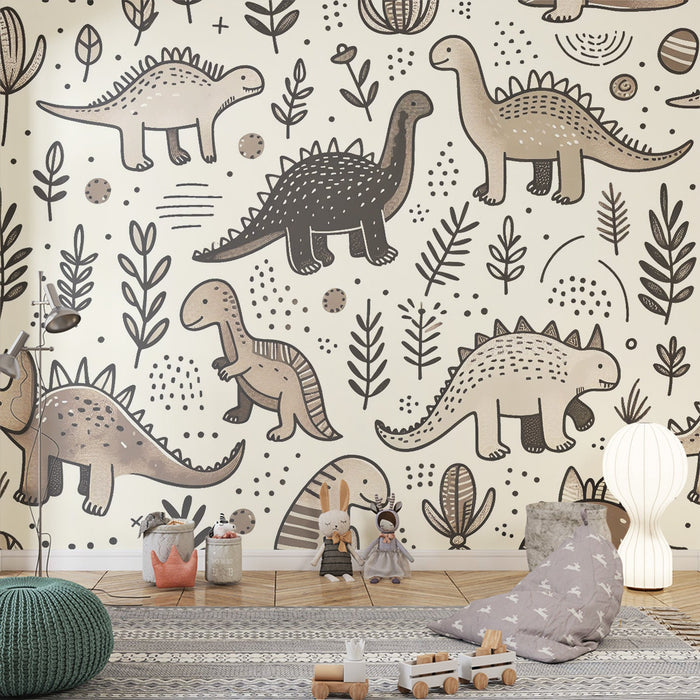 Hand-Painted Dinosaur Wallpaper Mural | Prehistoric Adventure Kids Room Decor | Retro Playful Nursery Wall