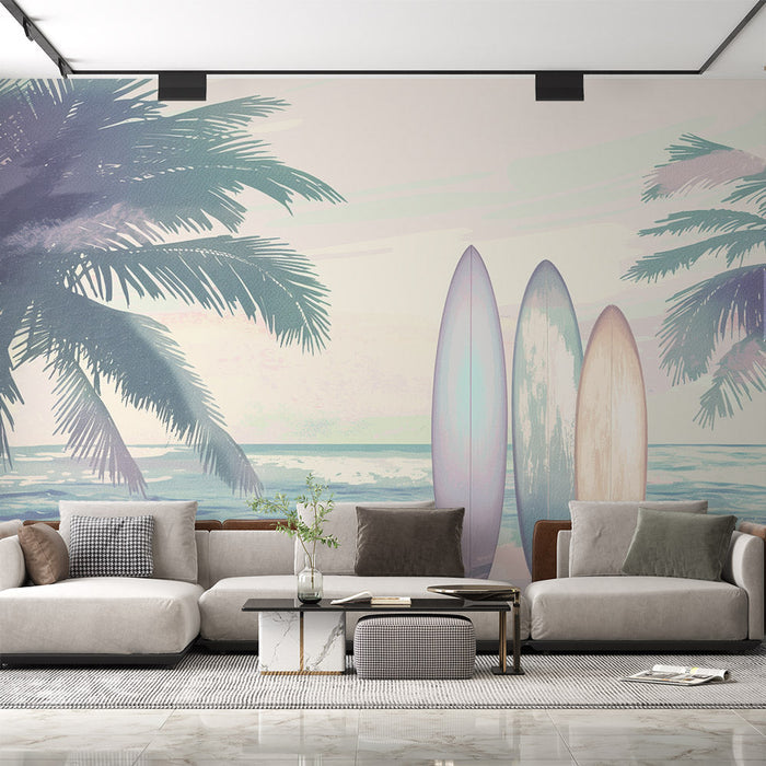 Coastal Surfboard Wallpaper Mural – Beach Vacation Style for Living Room & Bedroom