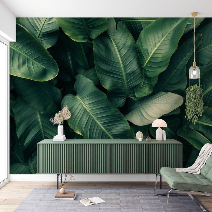 Tropical Green Leaf Wallpaper Mural – Natural Botanical Decor for Living Room & Bedroom