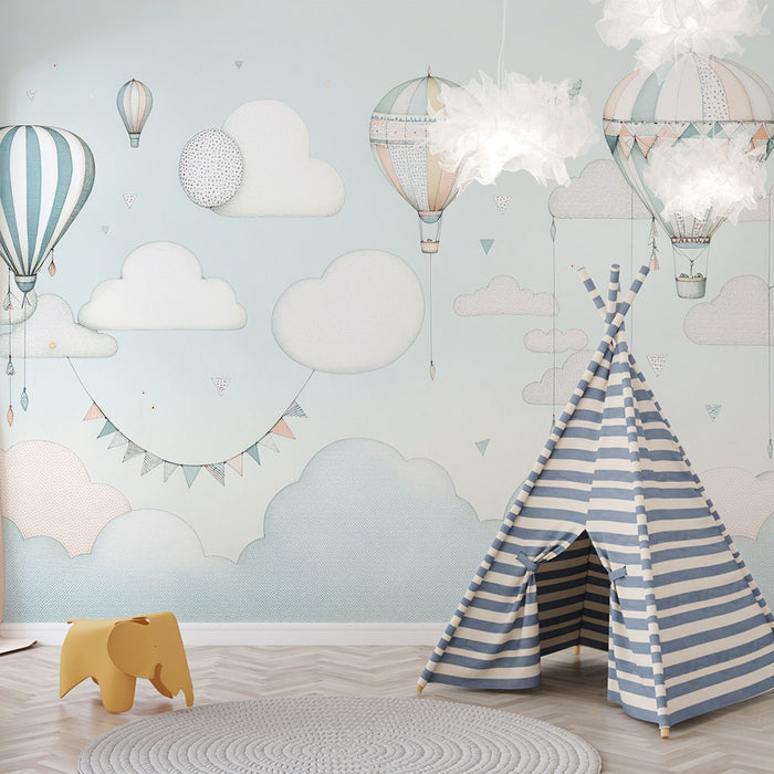 Hot air balloon cloud wallpaper mural | Children's room decorative wall