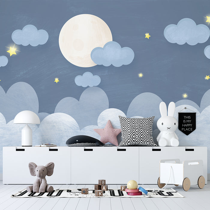 Starry Moon Cloud Wallpaper – Dreamy Night Sky Mural for Kids' Room & Bedroom Decor