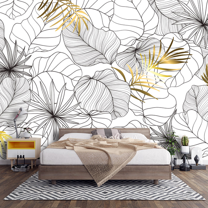 Black gold plant line style wallpaper | Living room bedroom decorative wall