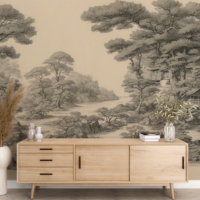 Japanese Ukiyo-e Forest Wall Mural – Zen Landscape Peel & Stick Wallpaper