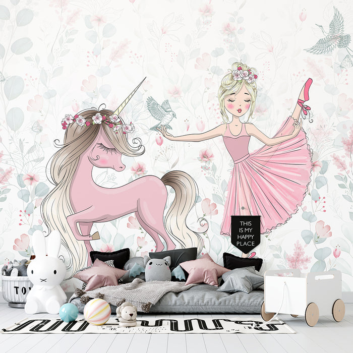 Unicorn Ballet Girl Wallpaper Mural | Princess Style Nursery Decor | Dreamy Kids Room Wall Design