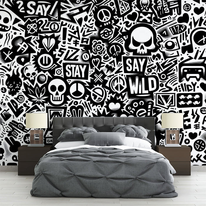Black & White Graffiti Wallpaper Mural | Urban Street Art Wall for Studio | Trendy Playroom Decor