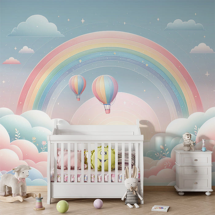 Rainbow Hot Air Balloon Wallpaper Mural — Dreamy Kids Room Decor | Healing Nursery & Bedroom Wall Art | Fairy Tale Theme