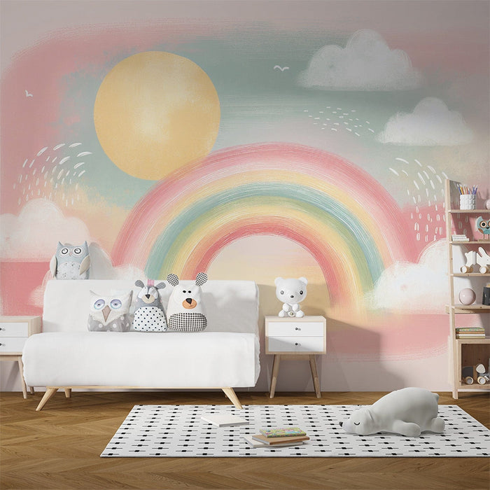Rainbow & Cloud Wallpaper Mural | Dreamy Kids Room & Nursery Decor | Soft Watercolor Style Wall
