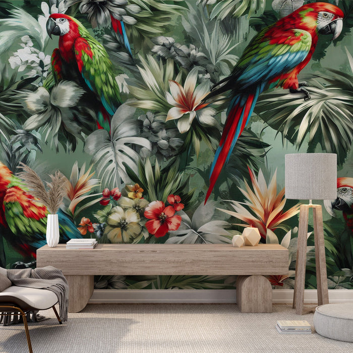 Tropical Parrot Rainforest Wallpaper Mural | Living Room and Bedroom Decorative Wall