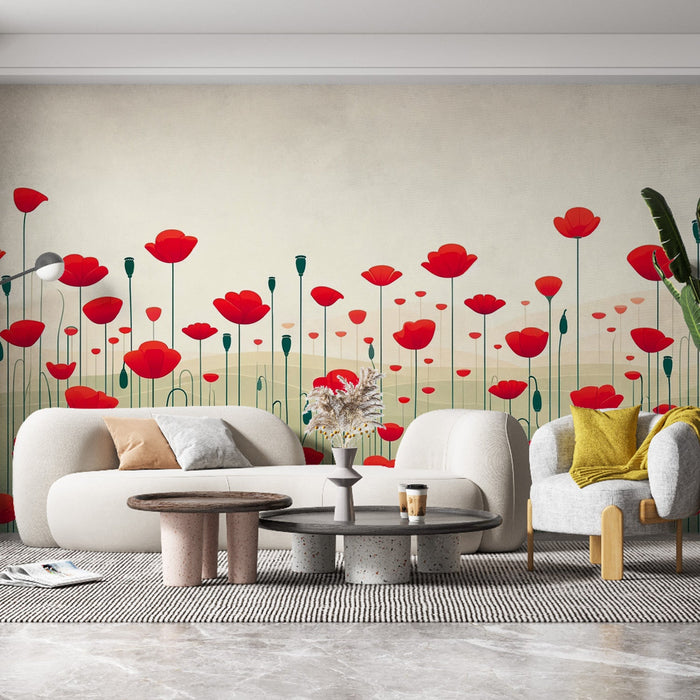 Minimalist Red Poppy Wallpaper Mural | Living Room Bedroom Healing Decorative Wall