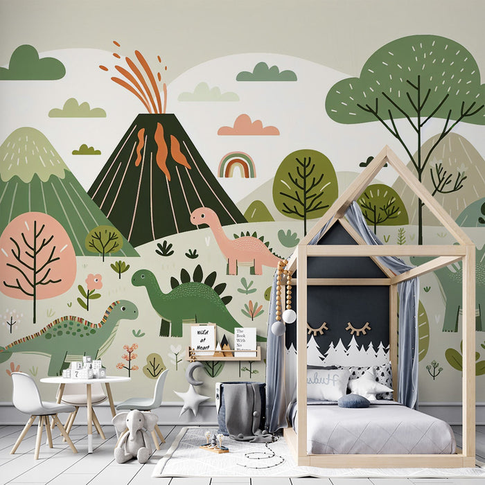 Cartoon Dinosaur Wallpaper Mural – Playful Kids Room Decor with Prehistoric Landscape