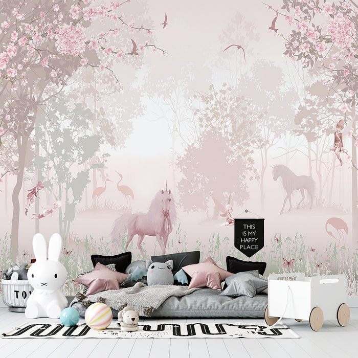 Fairy Tale Forest Unicorn Wallpaper Mural | Magical Kids Room Decor | Enchanted Nursery Wall Design