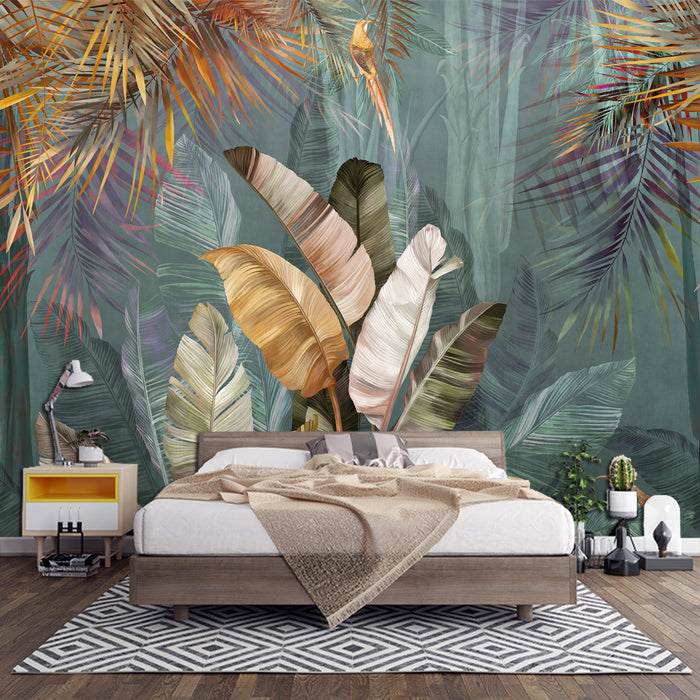 Tropical green plant wallpaper mural | Living room and bedroom natural decorative wall