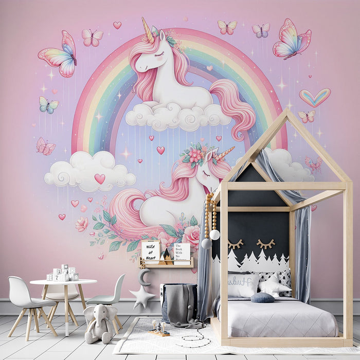 Unicorn & Rainbow Butterfly Wallpaper Mural | Dreamy Girls Room Decor | Pink Cloud Nursery Wall