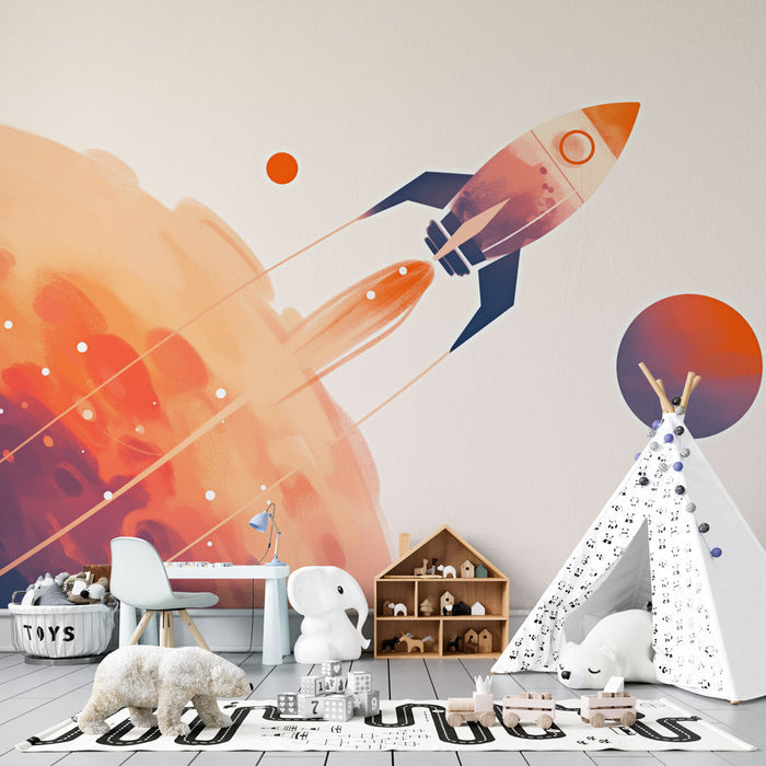 Space Rocket Wallpaper Mural — Sci-Fi Kids Room Decor | Cosmic Bedroom & Living Room Accent Wall