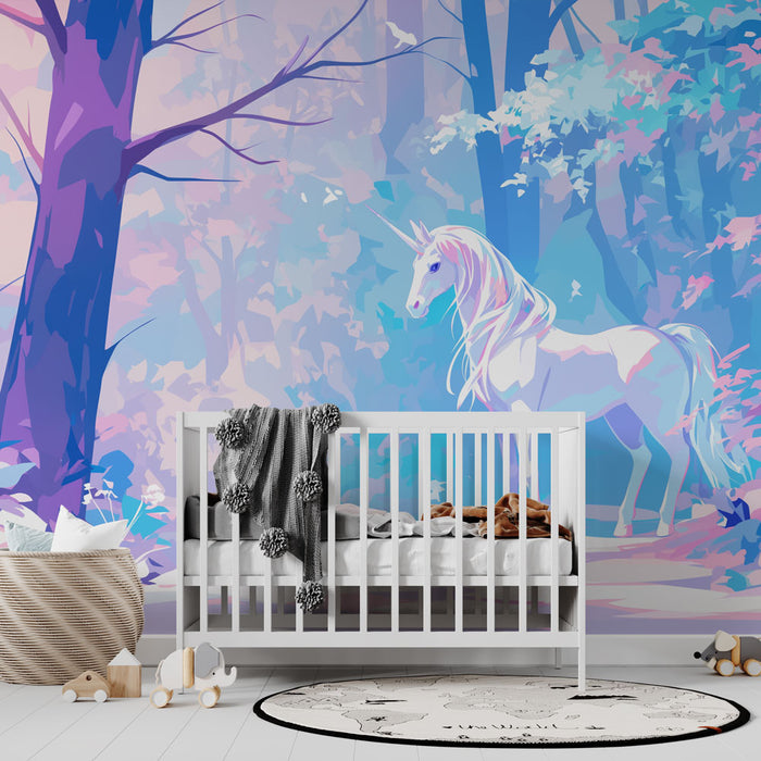 Dreamy Forest Unicorn Wallpaper Mural | Whimsical Kids Room Decor | Blue Pink Fairy Tale Nursery Wall