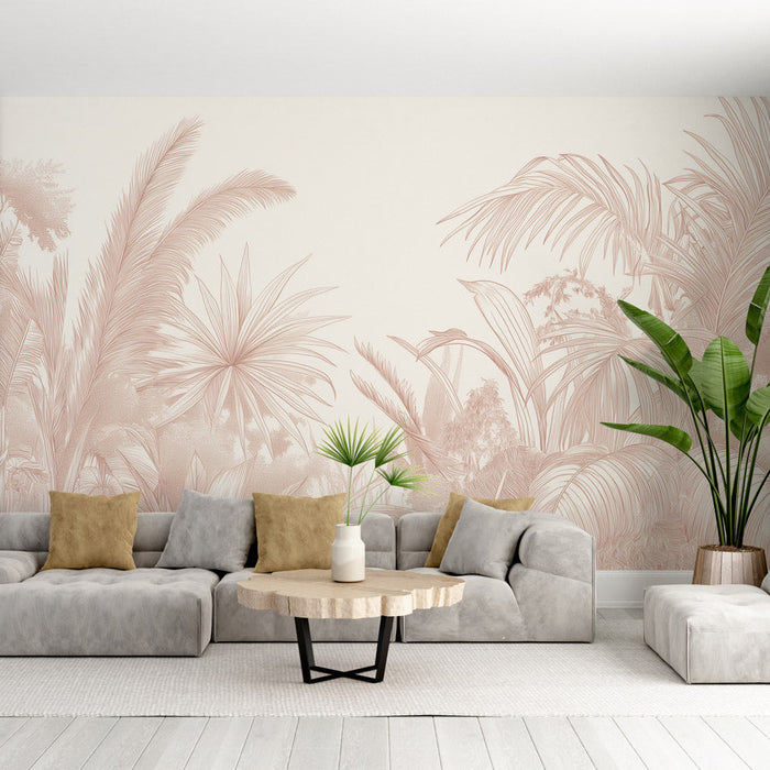 Nude Pink Tropical Line Art Wallpaper Mural - Elegant Jungle Dream