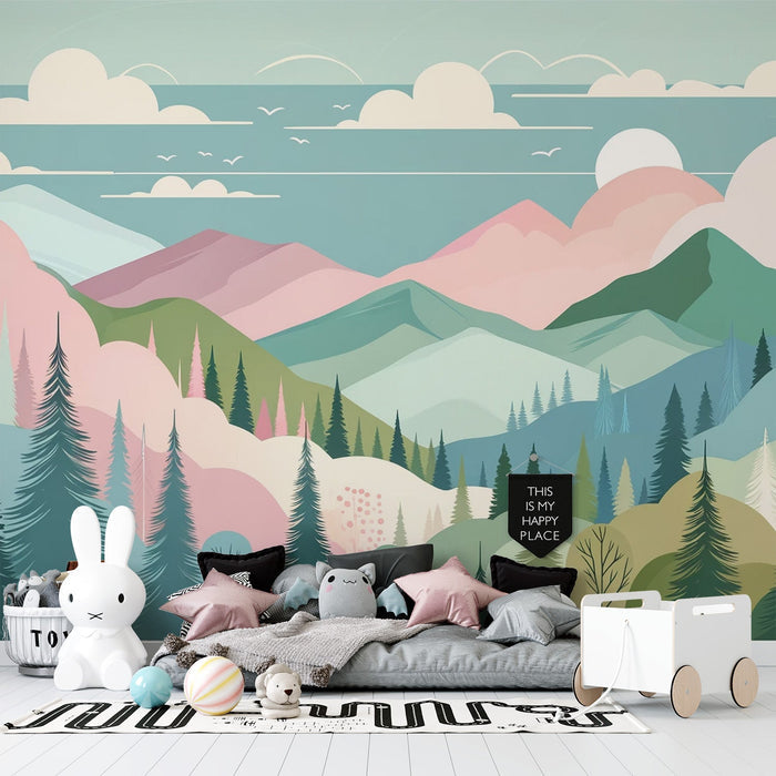 Morandi Mountain Mural Wallpaper - Healing Landscape for Bedroom & Living Room
