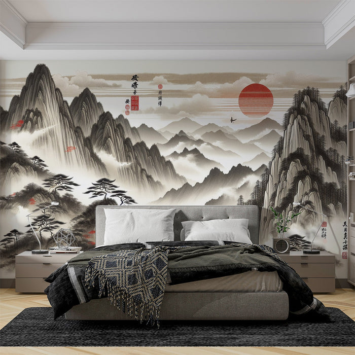 Chinese landscape red sun wallpaper | Living room and study decorative wall with artistic conception