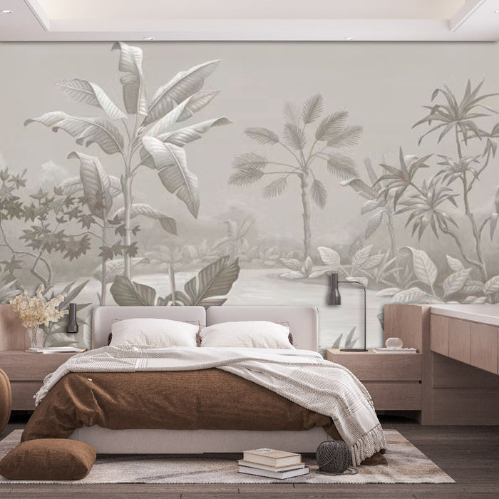 Grey Rainforest Wallpaper: Tranquil Luxury Branches and Leaves Wrapped in Mist