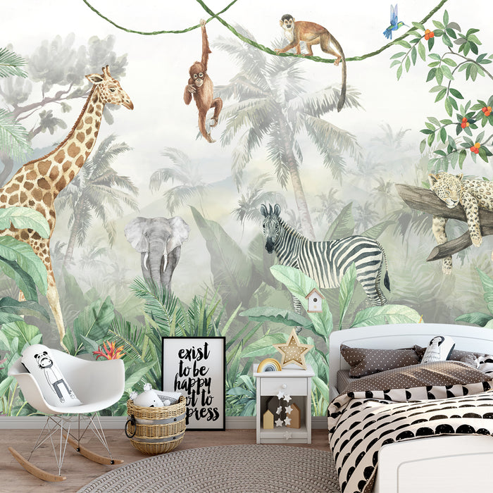 Vibrant Jungle Wildlife Wallpaper | Giraffes, Elephants, Tigers & Tropical Botanics