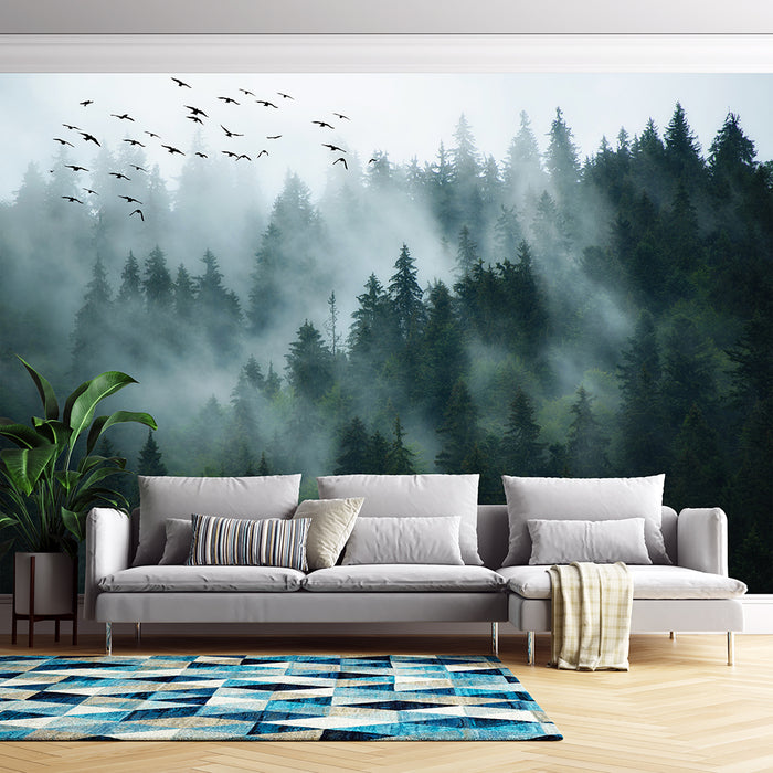 Panoramic Mist Forest Wallpaper: Ethereal Cedar Woods & Mountain Scenery