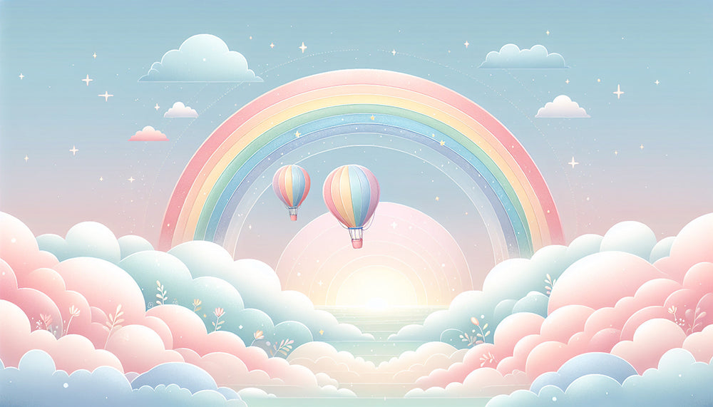 Rainbow Hot Air Balloon Wallpaper Mural — Dreamy Kids Room Decor | Healing Nursery & Bedroom Wall Art | Fairy Tale Theme