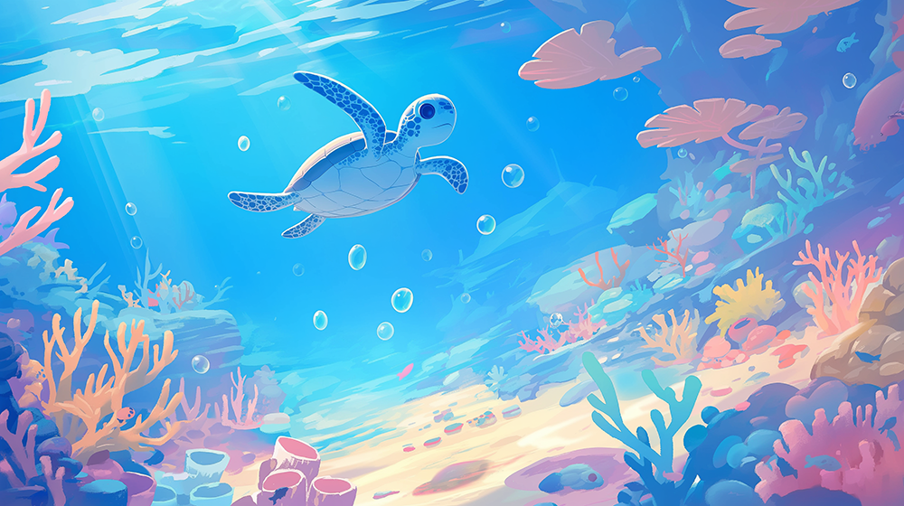 Cartoon turtle underwater wallpaper mural | Children's room bedroom ocean style decorative wall