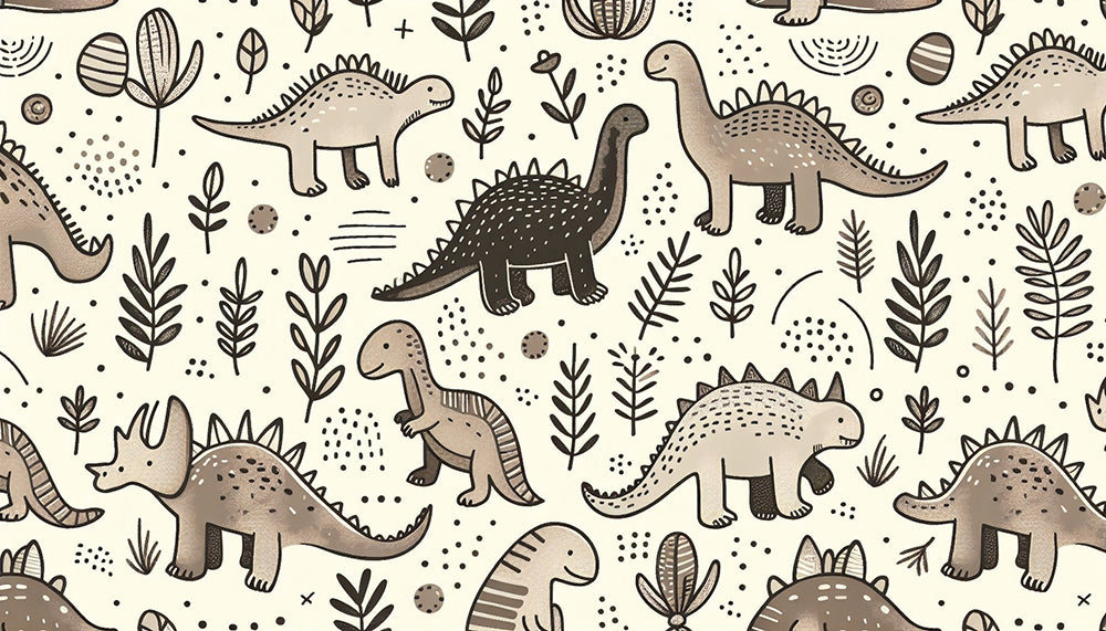 Hand-Painted Dinosaur Wallpaper Mural | Prehistoric Adventure Kids Room Decor | Retro Playful Nursery Wall