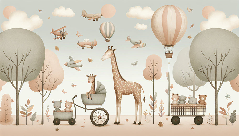 Hot air balloon mural wallpaper | Giraffes, airplanes, and children's forests