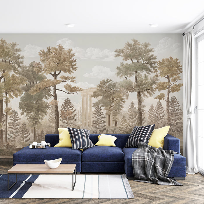 Vintage Forest Wallpaper Mural: Retro Forest & Classical Architecture, Timeless Elegance for Your Space