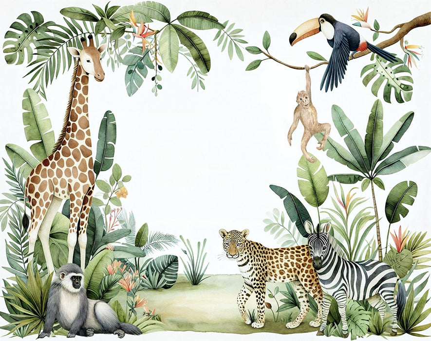Hand drawn jungle animal wallpaper mural | Children's room bedroom playful decorative wall