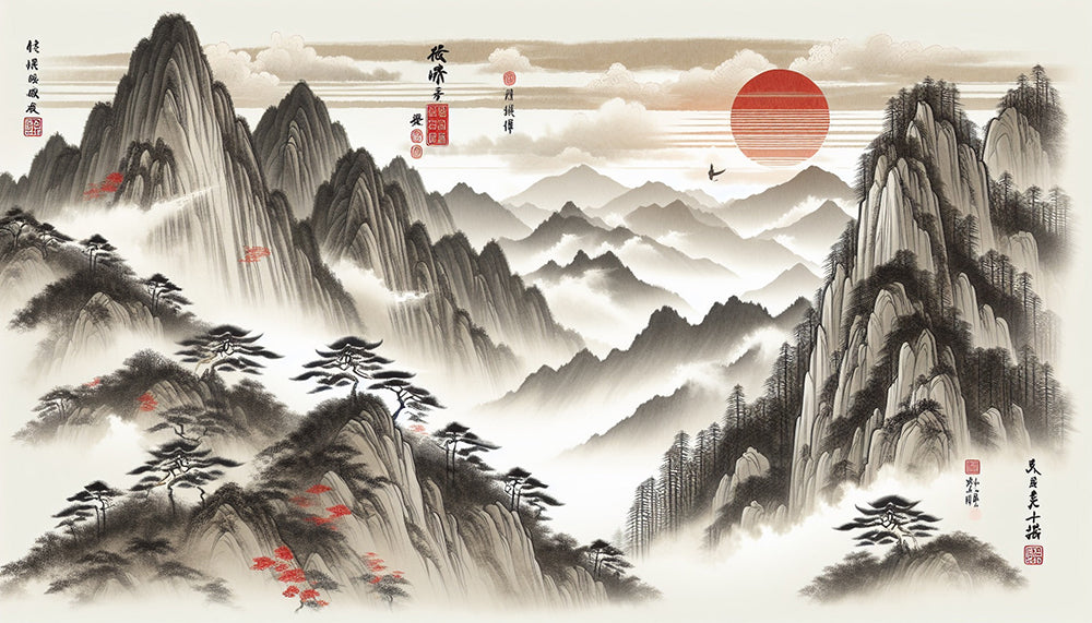 Chinese landscape red sun wallpaper | Living room and study decorative wall with artistic conception