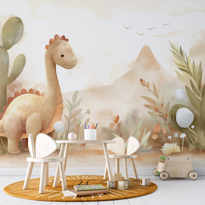 Cartoon Dinosaur Desert Wallpaper Mural | Children's Room Bedroom Playful Decorative Wall