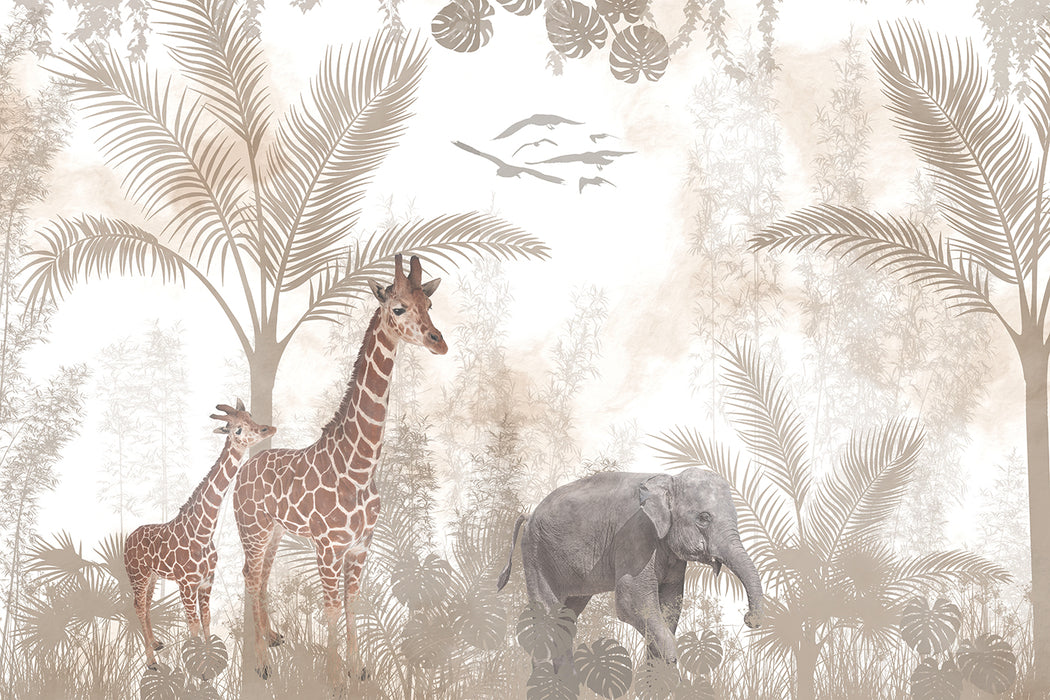 Jungle Animal Retro Wallpaper Mural | Giraffe & Elephant Print for Bedroom & Living Room | African Safari Theme