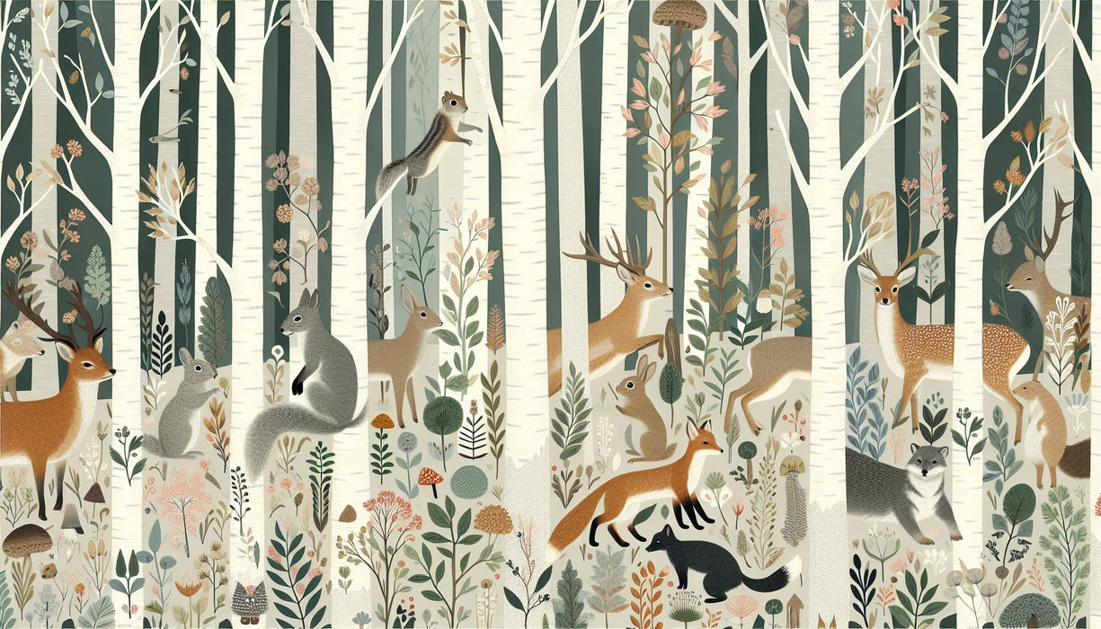 Fox mural wallpaper | Forest animals in the magical forest